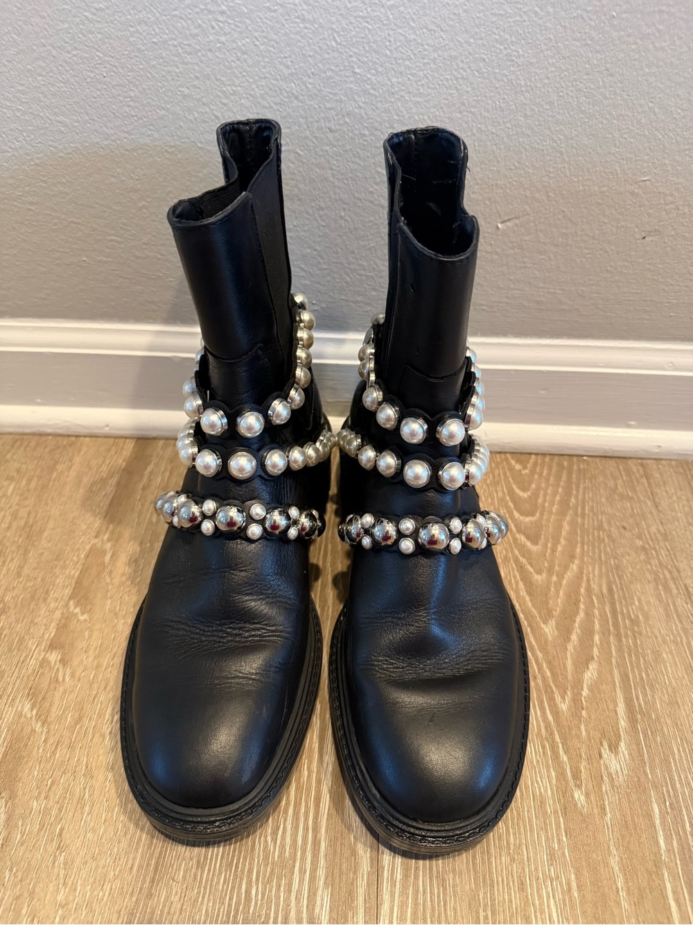 ZARA Pearl Strap Black Leather Ankle Boots Low Heel Size 38 US 7.5